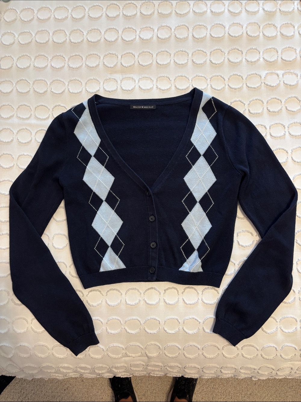 Brandy Melville Cropped Navy Blue Argyle Elizabeth Cardigan Sweater Clueless 90s
